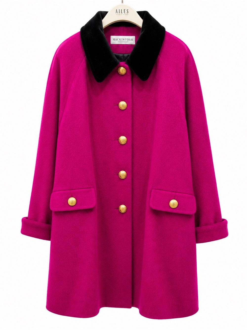 MACKINTOSH Fuchsia Wool Pea Coat with Black Collar